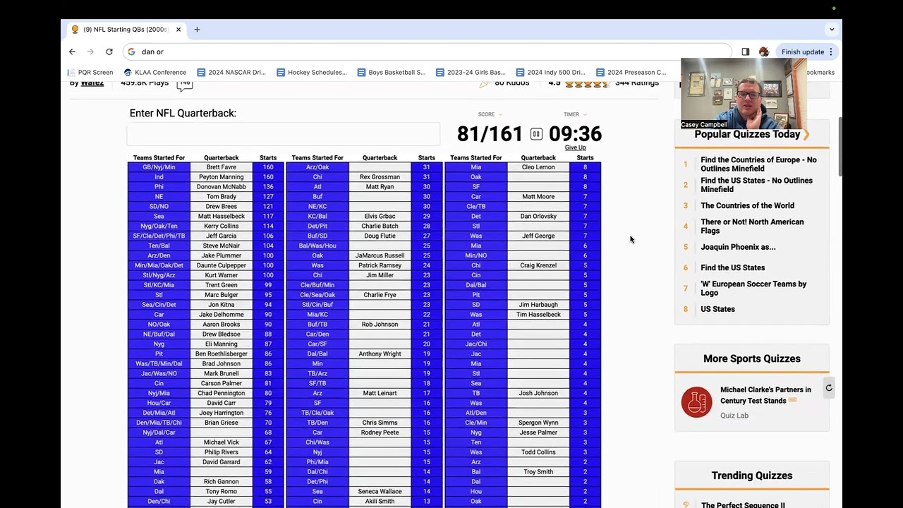 Sporcle Quiz: Can you name all of the NFL Quarterbacks that made at least 1 start from 2000-2009