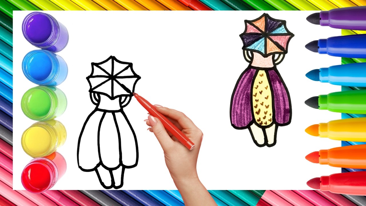 How To Draw cute Girl With Umbrella Drawing, Painting & Coloring For Kids and Toddlers_ Child Art🐋🌈🎨
