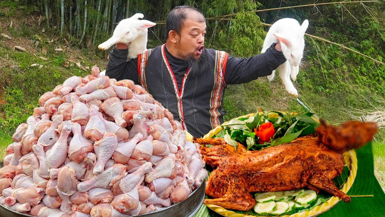 Cooking in Wilderness - Roasting a Whole Rabbit - Cooking Spicy Chicken Thigh Rice - Dwarf Food