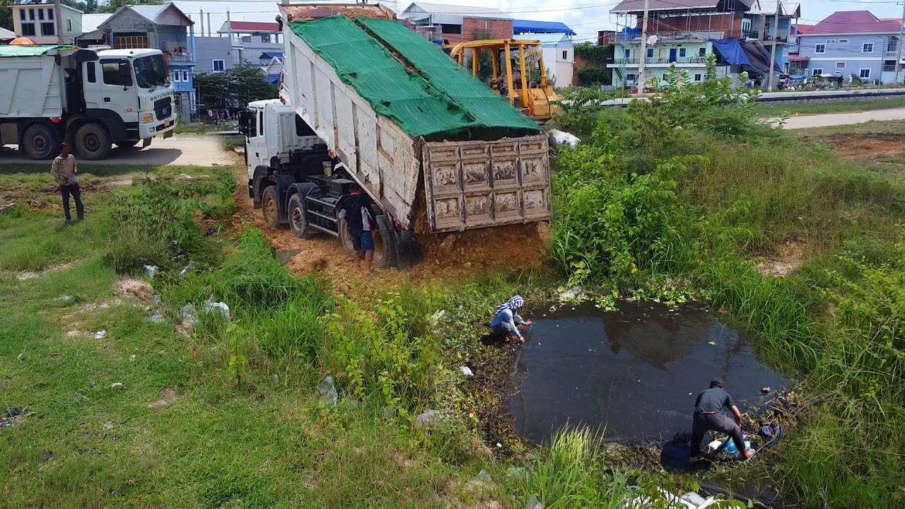 Delete Drain Pit!! Start Filling Land In Drain System Use Bulldozer D58 Pushing Soil & 25ton truck.