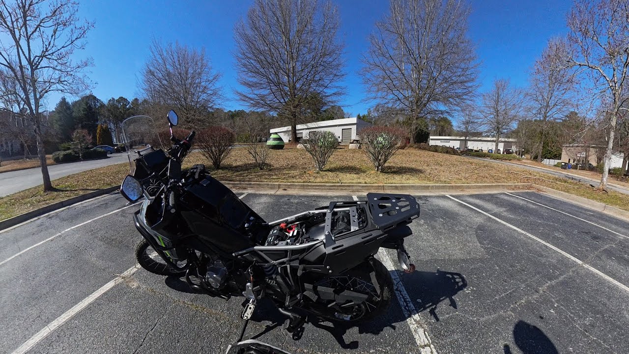 Close up views of the CFMOTO Ibex 450 (450MT) aluminum pannier rack for the soft Enduro 40 panniers.