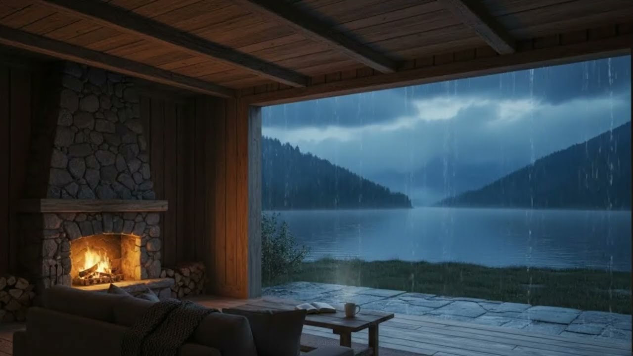 Soft Rainy Lake Evening for Sleeping 😴 | Rain & Fireplace Sounds (No Music)
