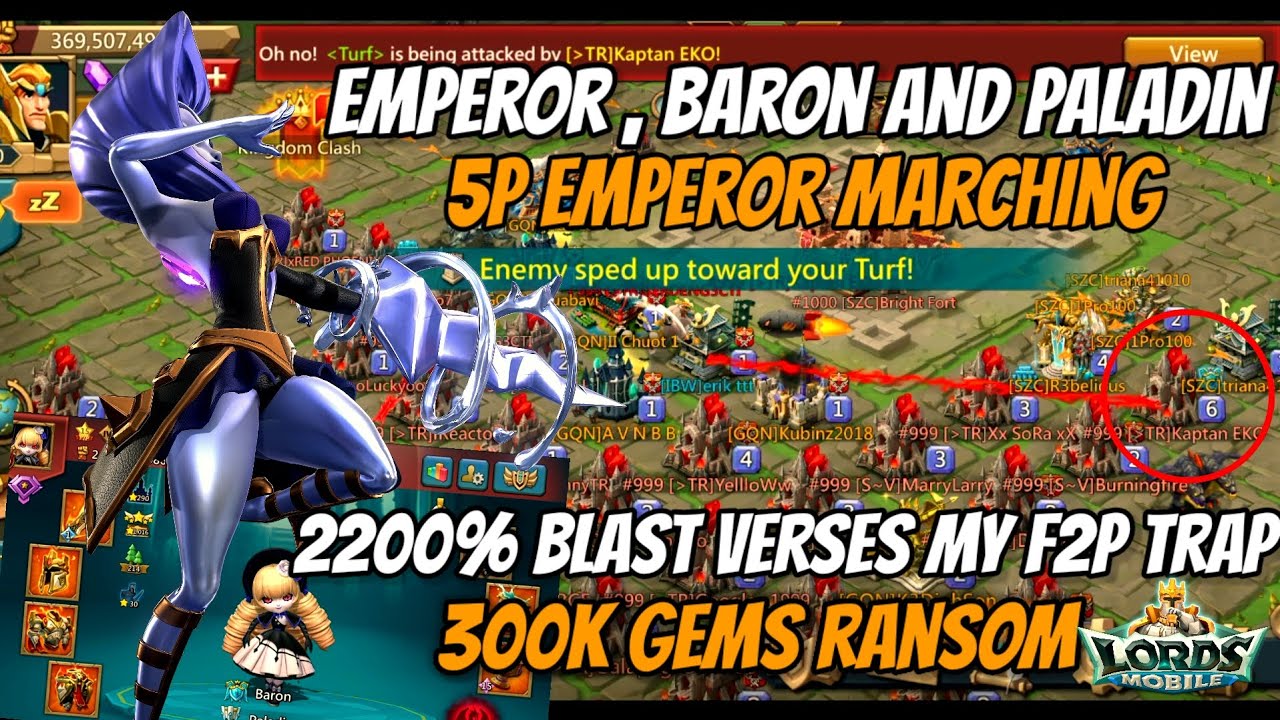 Lords Mobile - 5p Emperor Marching 524K Full T5 Vs My F2P Gryphon Solo Trap | 300K gems Ransom ,,