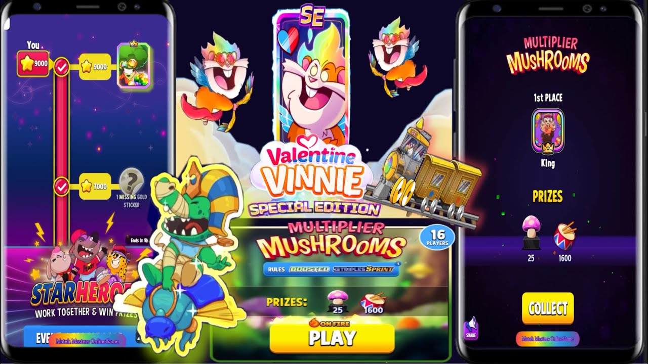 Match Masters,Free Prizes Boosters StarHeroes multiplier mushrooms Tournament