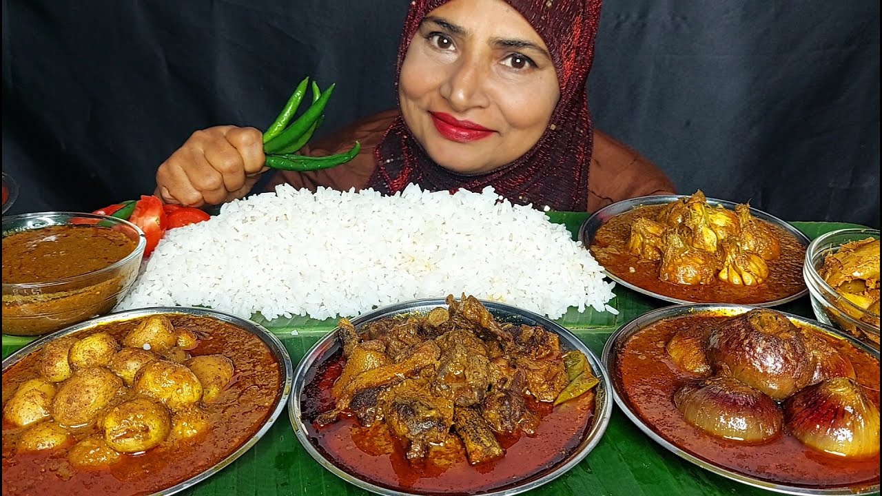 EATING SPICY DUCK CURRY, DUM ALOO, ONION CURRY, GARLIC CURRY, CHATNI WITH RICE, EATING ASMR.