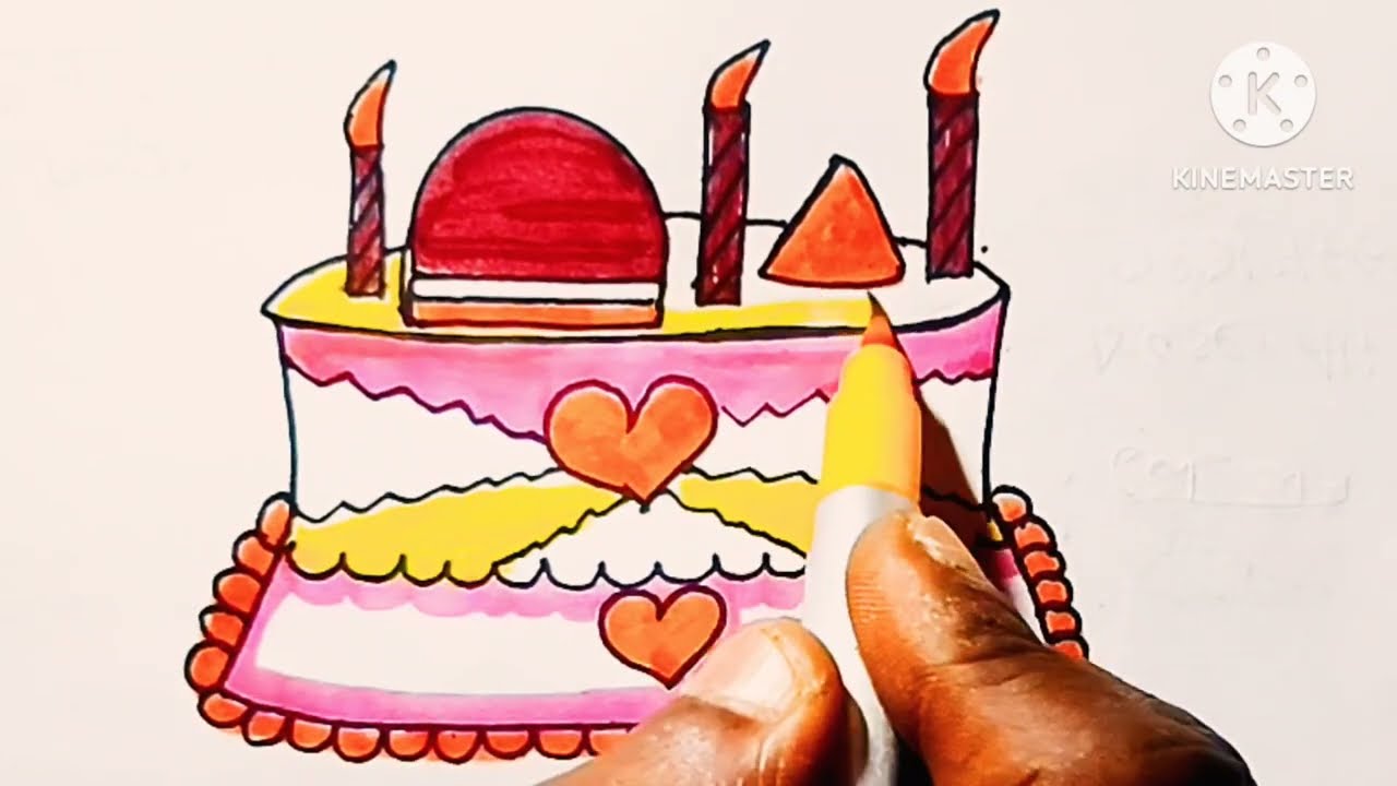 COMO cizim KIZ KOLAY Sapkali cute Happy Birthday cake drawing ll Easy beautiful coloring cake drow