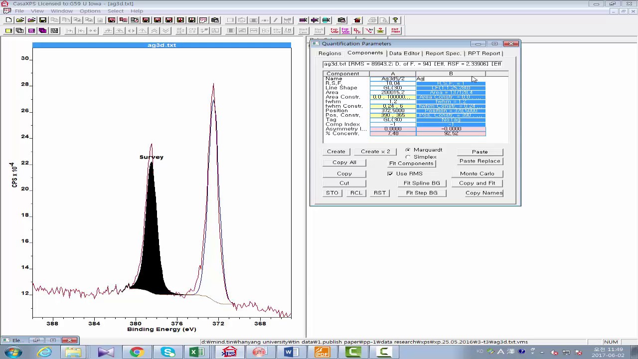 XPS peak fitting of silver peak (Ag3d) using casaXPS software