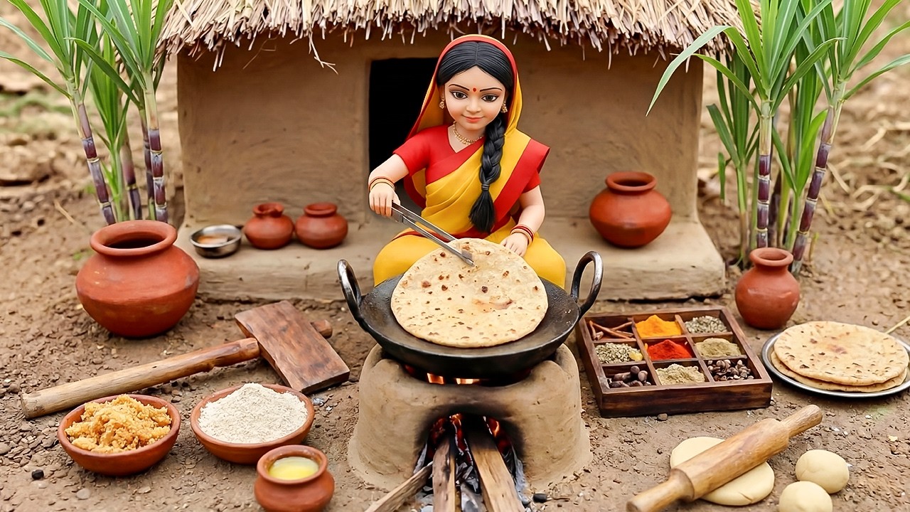 🍯🫓 Miniature Doll Gur Roti Cooking ASMR | Indian Village Tiny Kitchen Story