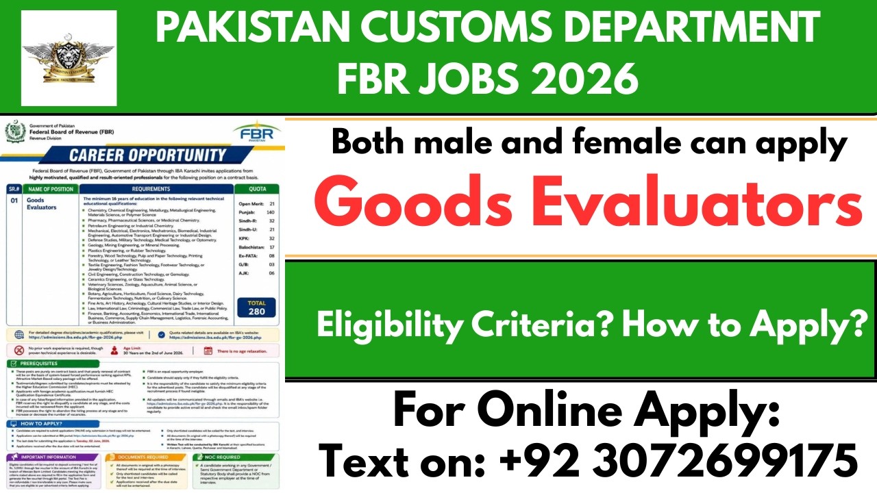 Pakistan Customs Department (FBR) | Custom Jobs Goods Evaluators 2026 | How to Apply?