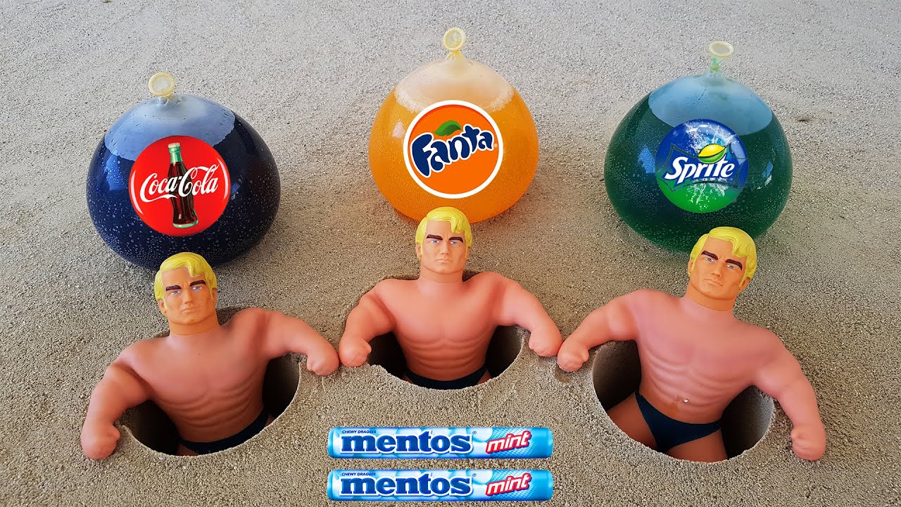 Experiment !! Stretch Armstrong VS Coca Cola, Sprite, Fanta and Mentos in Balloon Underground