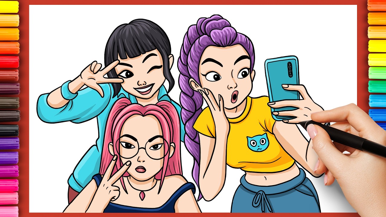 How to Draw Rumi, Mira & Zoey Selfie! 🤳 (K-Pop Demon Hunters)