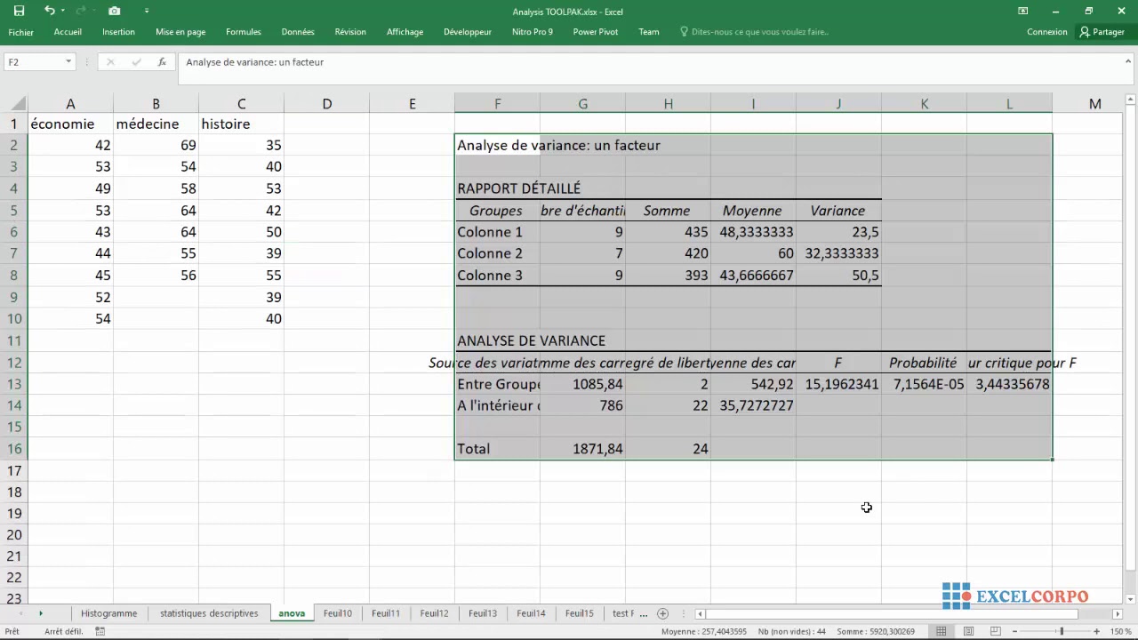 58 Comment réaliser une ANOVA (analyse de variance) à facteur unique dans Excel.