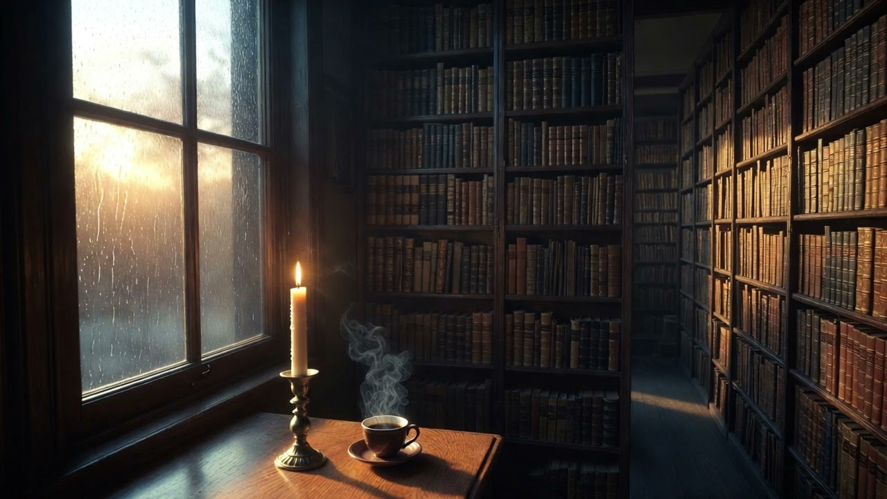 Rainy Library Ambience • Page Turning, Pencil & Melancholic Piano for Study & Focus