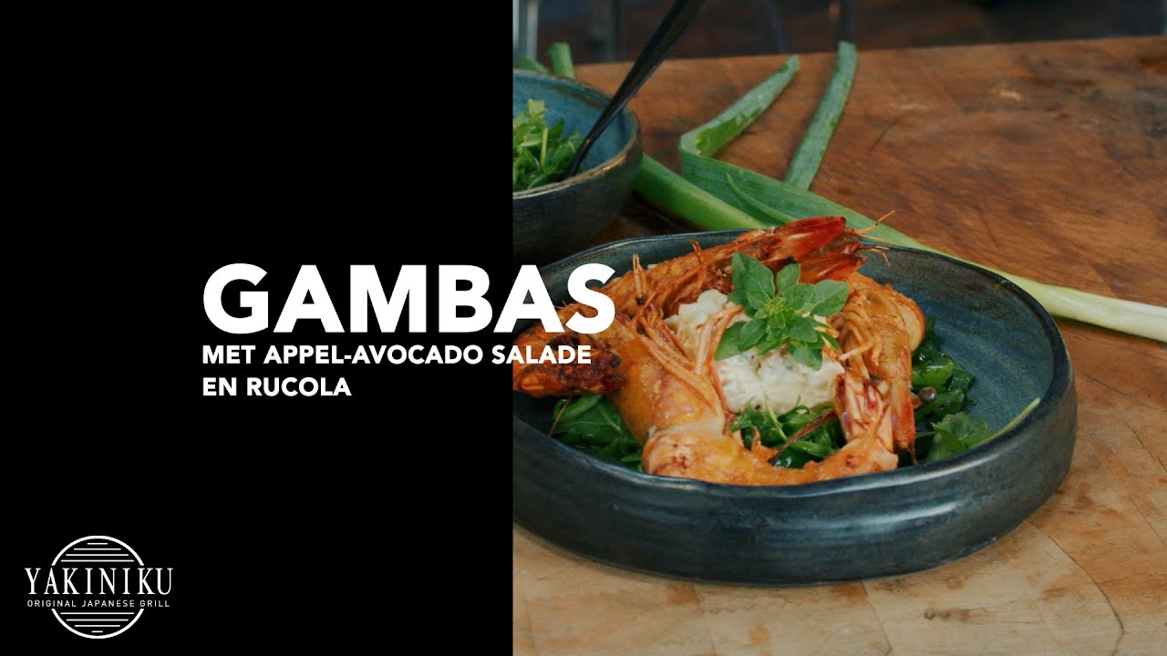 YAKINIKU® Kamado BBQ grill recept | Gambas met appel-avocado salade, rucola