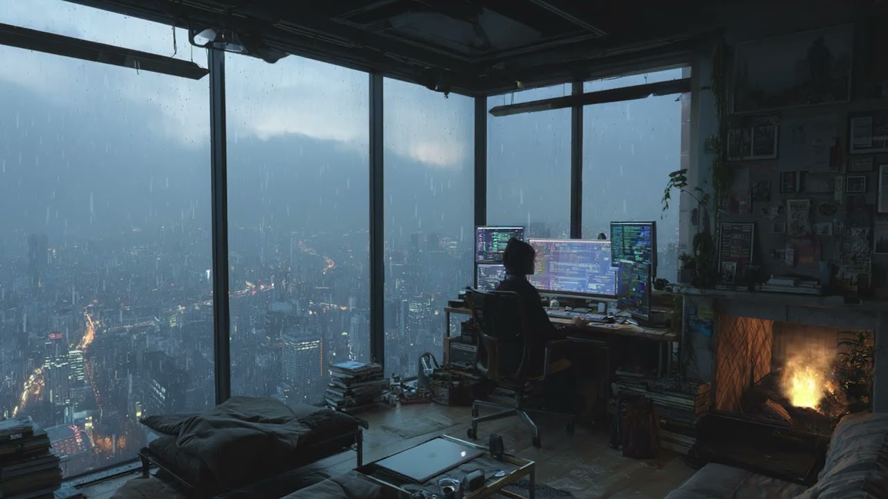 Rainy Night in a High-Rise Apartment 🌧️🔥 Cozy Fire & City Rain Sounds for Sleep