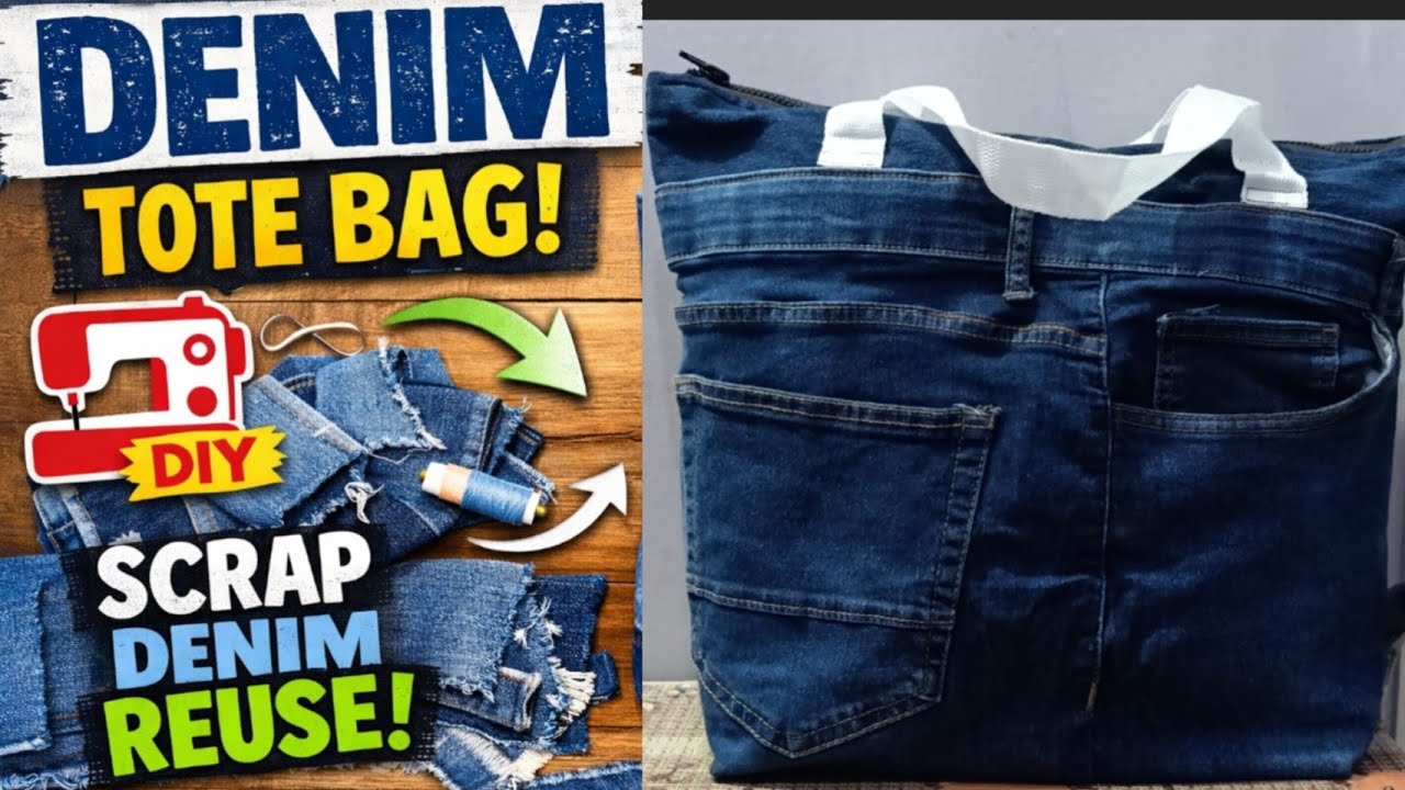 DIY/Denim tote bag/reuse of a scrab denim/reuse ideas of an old jeans/denim bag with zipper tutorial