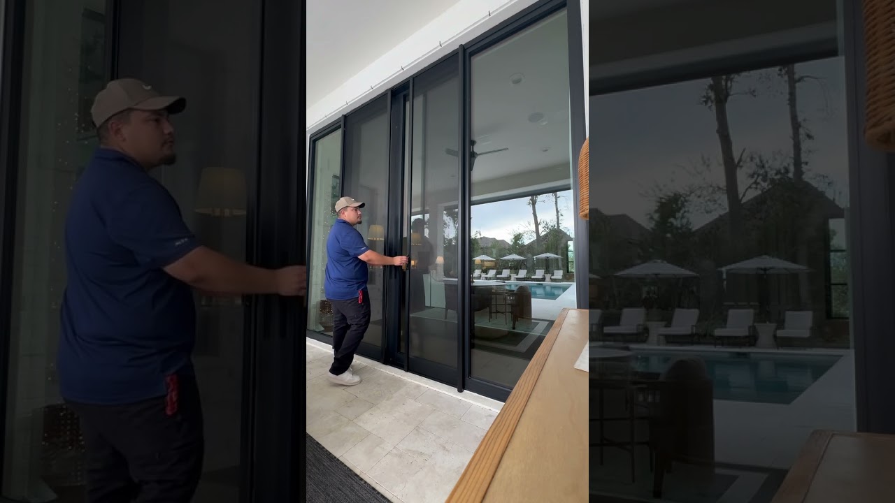 Retractable Phantom Screen doors with floating mesh installed on sliding glass doors