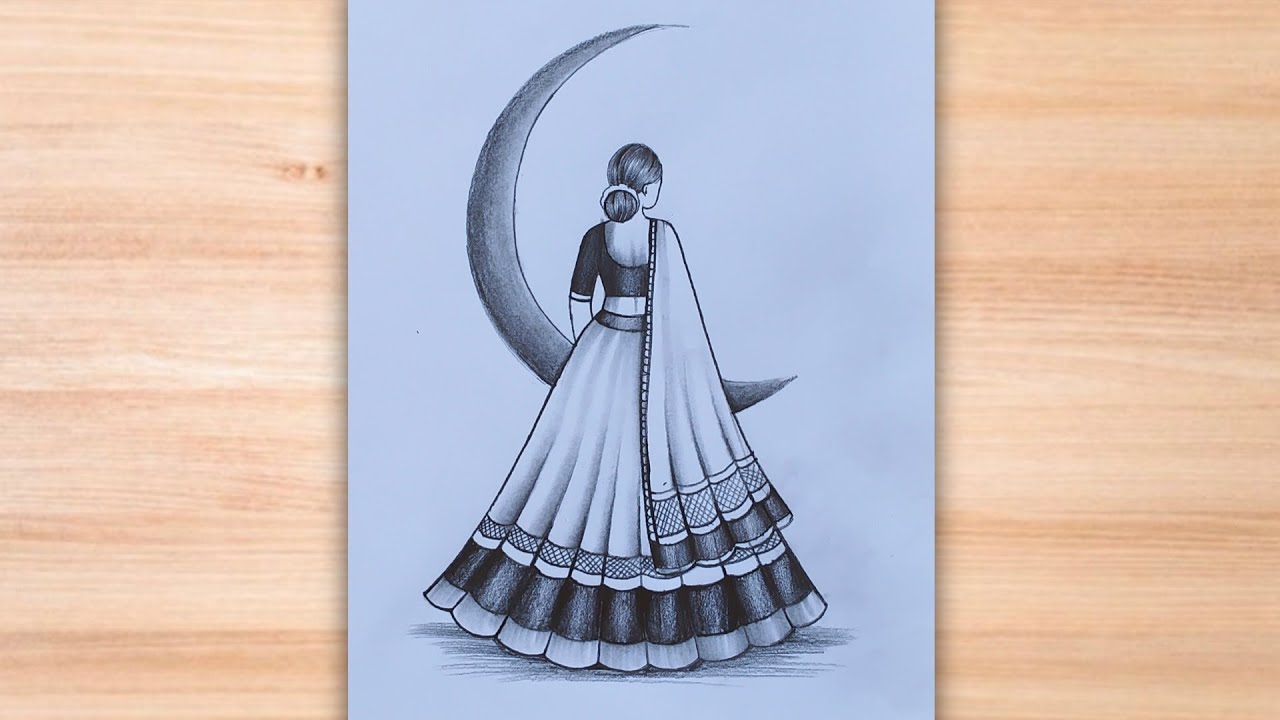 How to draw a traditional girl with moon very easy|girl drawing for beginners|girl with moon drawing