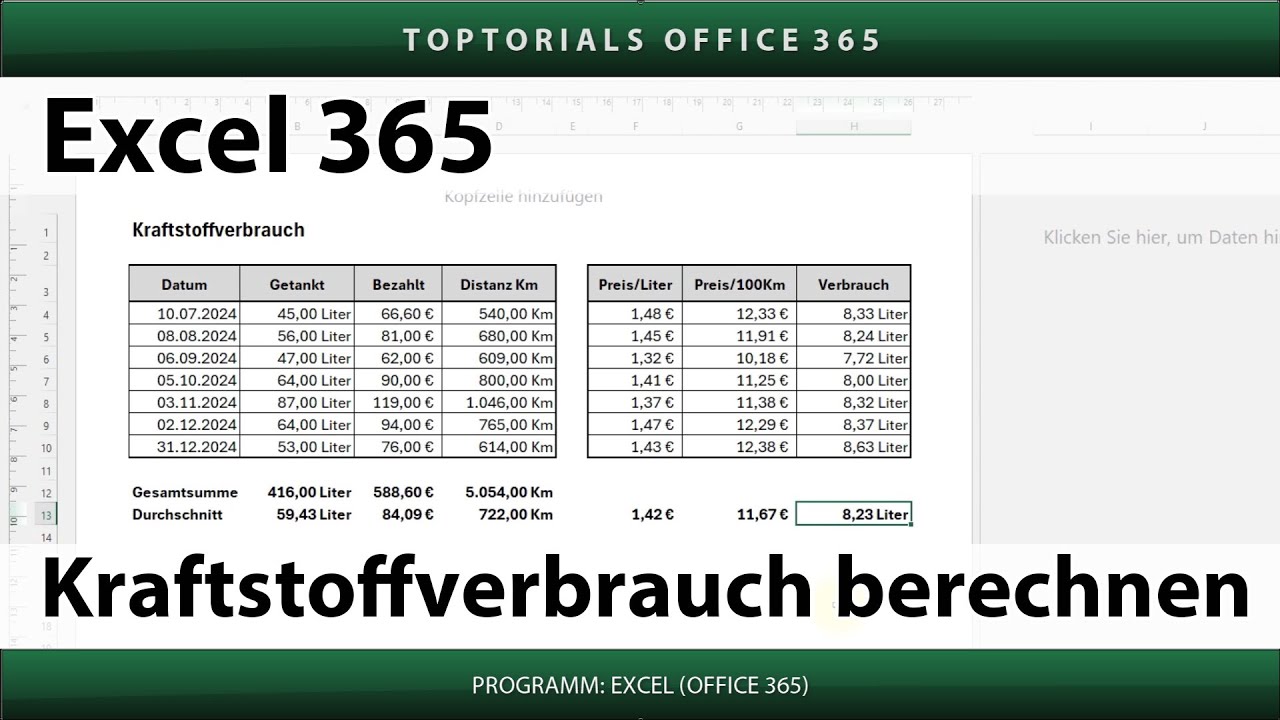 Kraftstoffverbrauch berechnen | Benzinverbrauch | Excel 365 Tutorial
