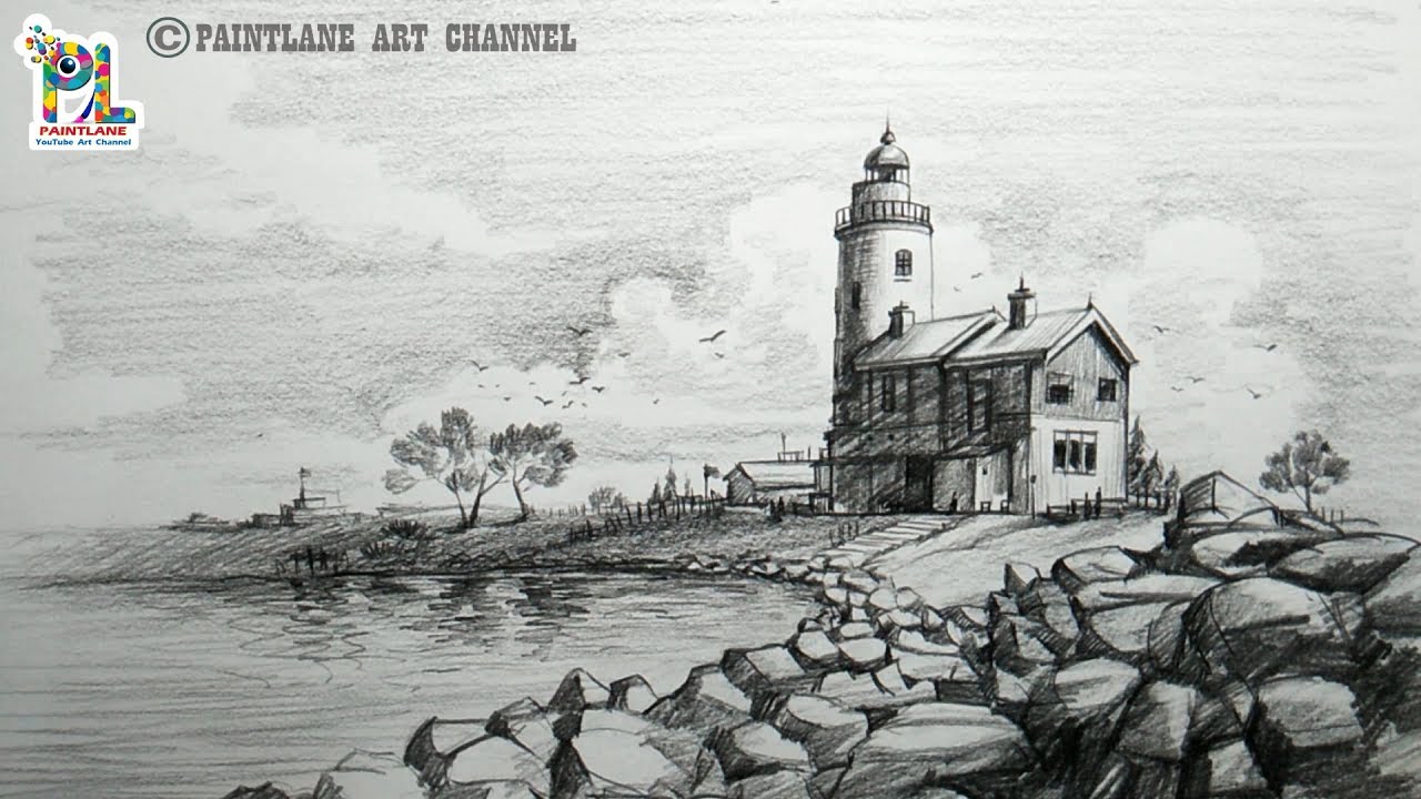 How to Draw and Shade A Scenery Of Old Wooden Light House In Seascape | Step by Step