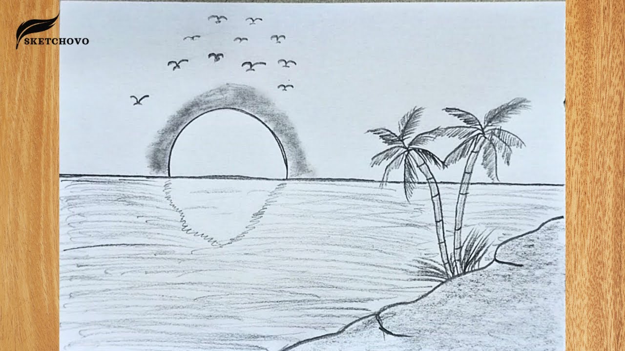 Step by Step Scenery Drawing | Easy Pencil Sketch | Sunset Beach with Palm Trees