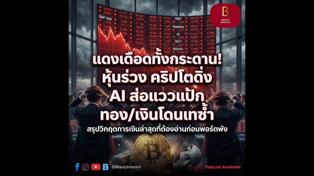 🔻 แดงเดือดทั้งกระดาน! หุ้นร่วง คริปโตดิ่ง AI ส่อแววแป้ก ทอง/เงินโดนเทซ้ำ สรุปวิกฤตการเงินล่าสุด