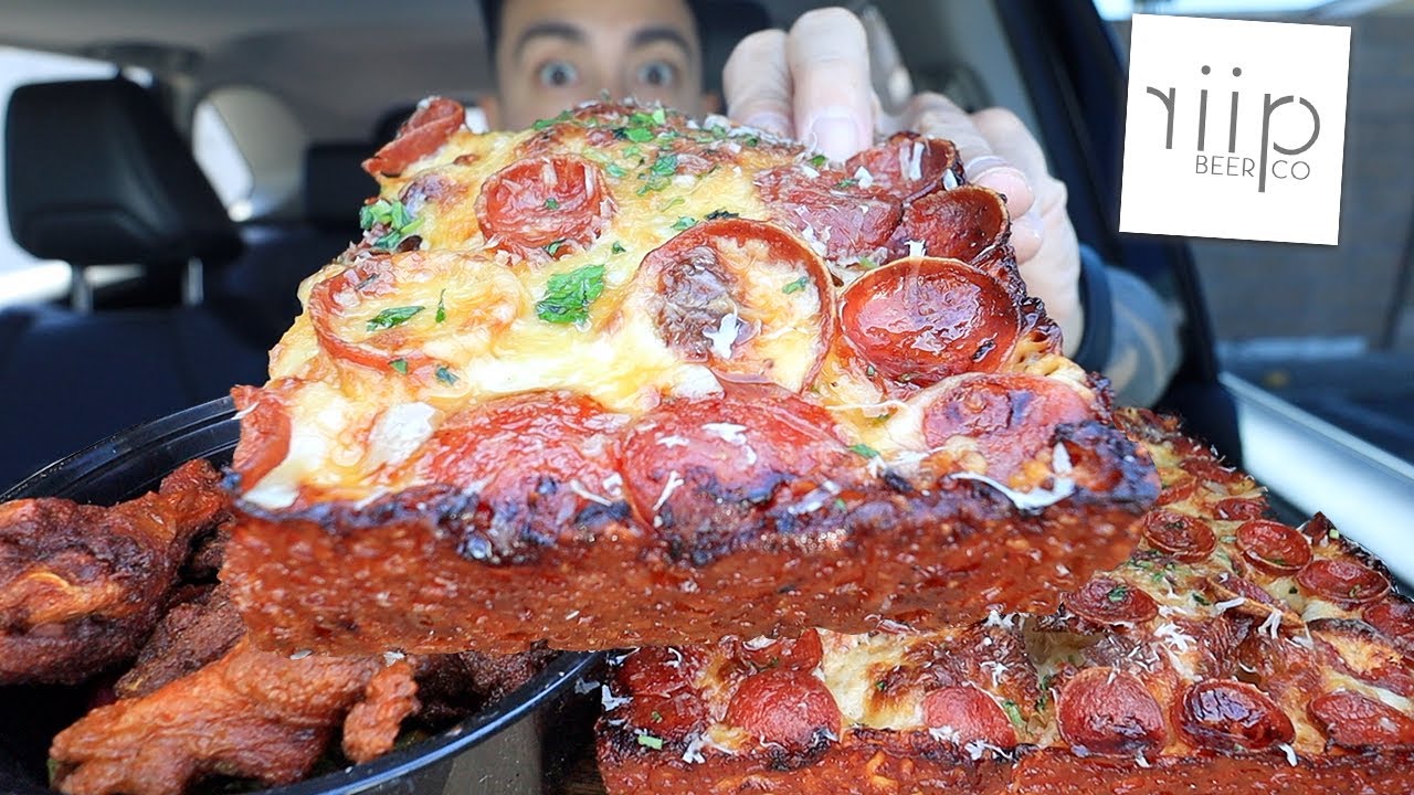 MUKBANG EATING RIIP PIZZA CRUNCHY DETROIT STYLE PIZZA NASHVILLE HOT CRISPY WINGS BUFFALO WINGS ASMR
