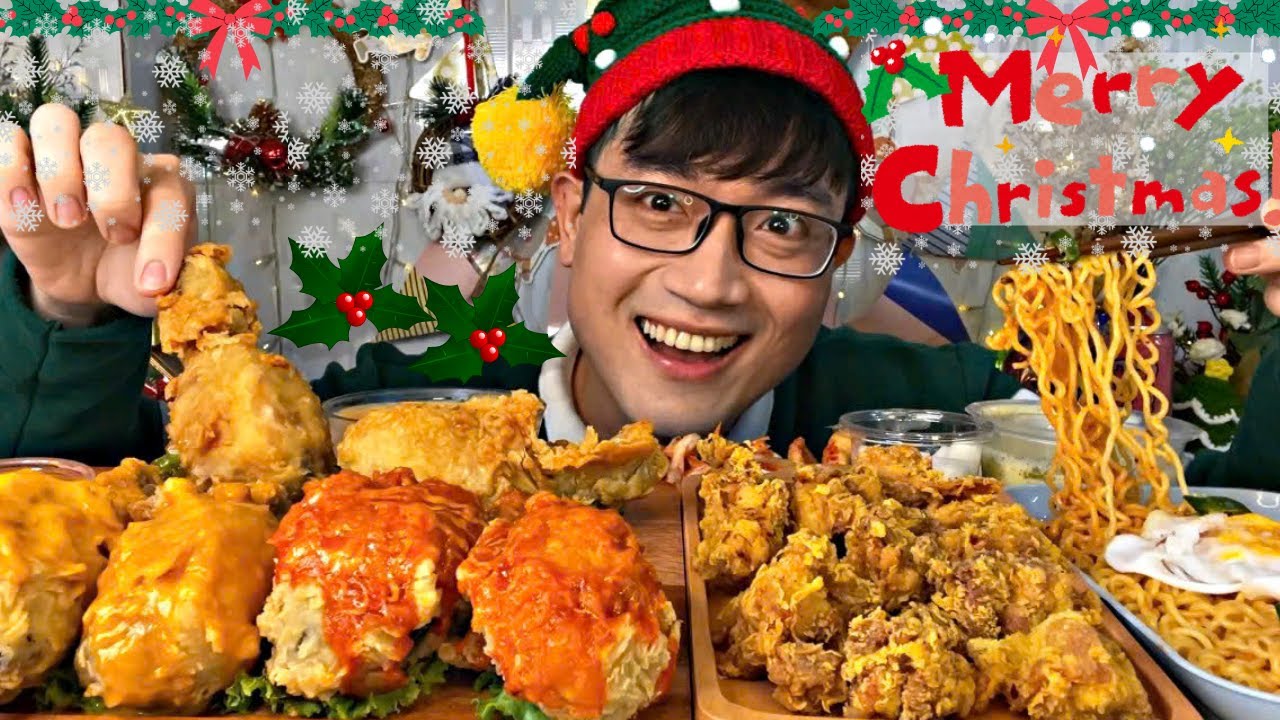 Đại Tiệc GÀ RÁN Mừng Giáng Sinh Gà Rán Sốt Kem Hành, Đùi Gà Rán Sốt 3 Vị - Christmas Chicken Mukbang