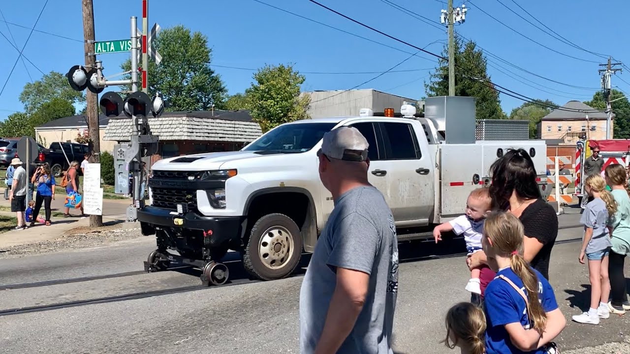 CSX High Rail Truck Interrupts Parade!   Train Horn Salute For Girl, Fast Trains With DPUs Booking!