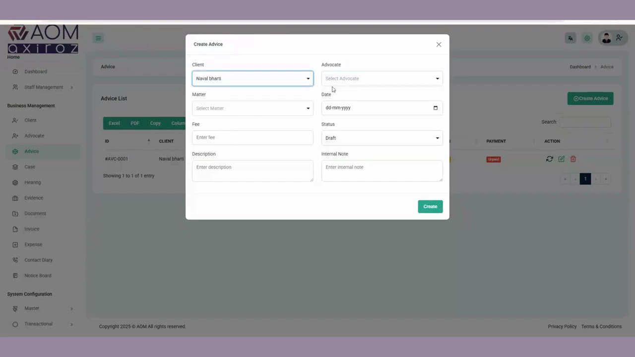 How to Manage Legal Advice in AOM | Advocate Office Management Tutorial