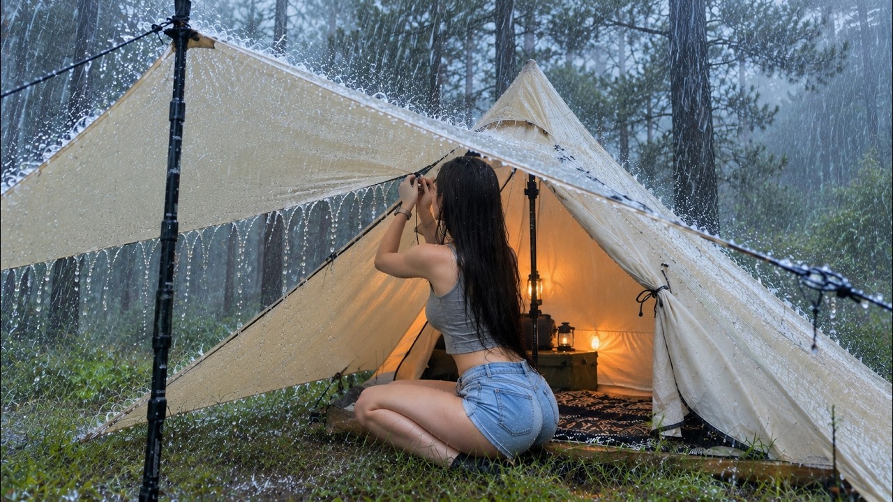GIRL SOLO CAMPING IN THE RAIN ☔️ CAMPING IN HEAVY RAIN, COOKING, ASMR