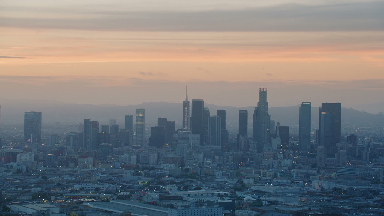 Downtown Los Angeles Skyline Cinematic Aerial in Southern California at Sunset in 8K UHD