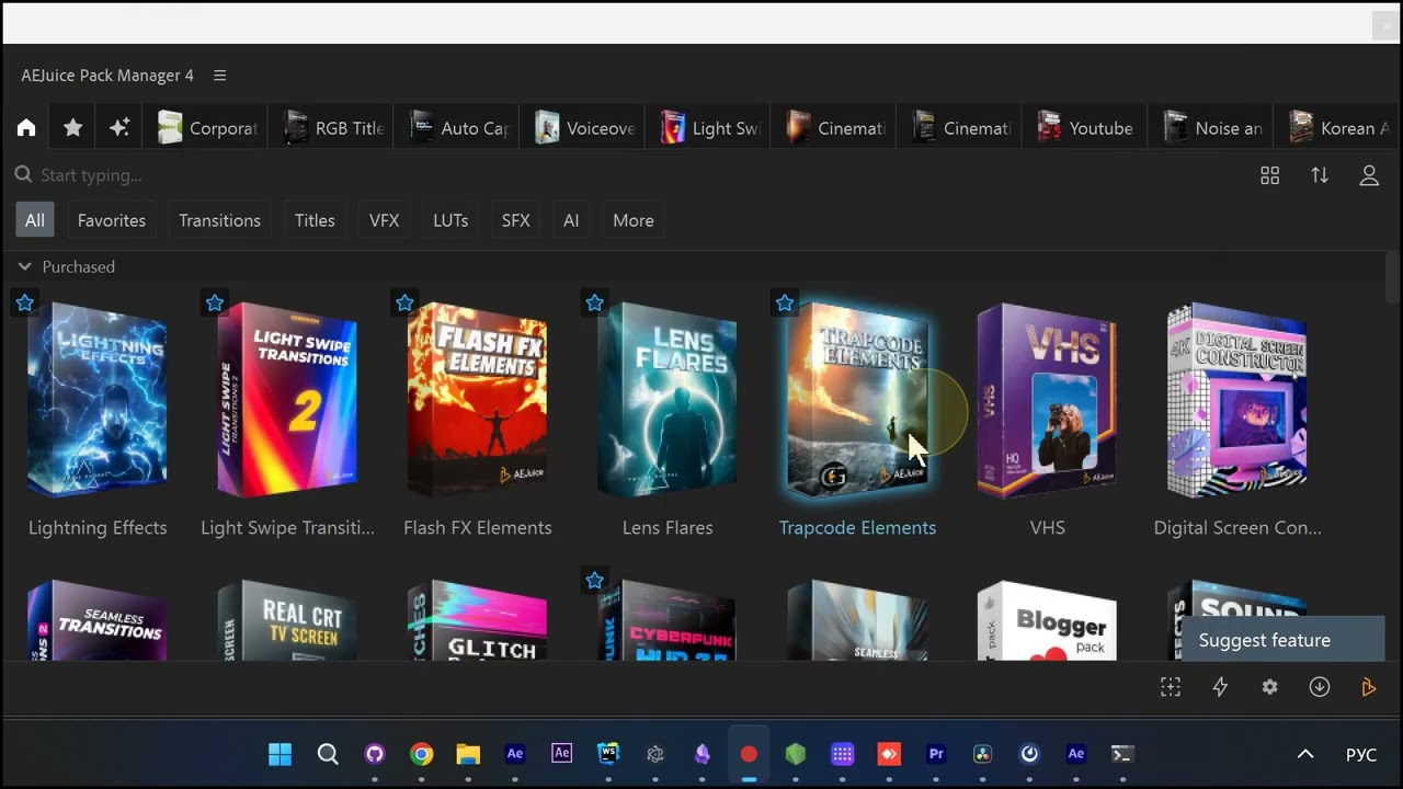 AEJuice Pack Manager in 9 Languages: Localized Interface for After Effects