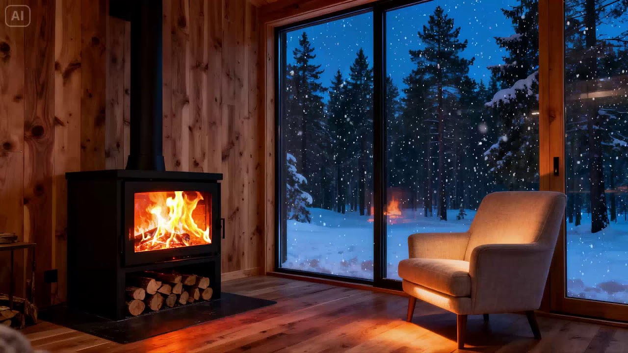 Winter Calm Inside a Log Cabin 🔥 Snow Outside and Gentle Firelight