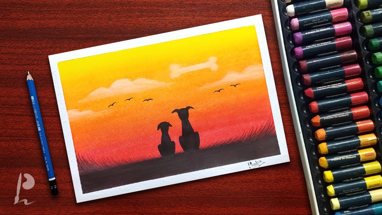 Dog Sunset Dream Scenery Drawing with Oil Pastels | PrabuDbz Art