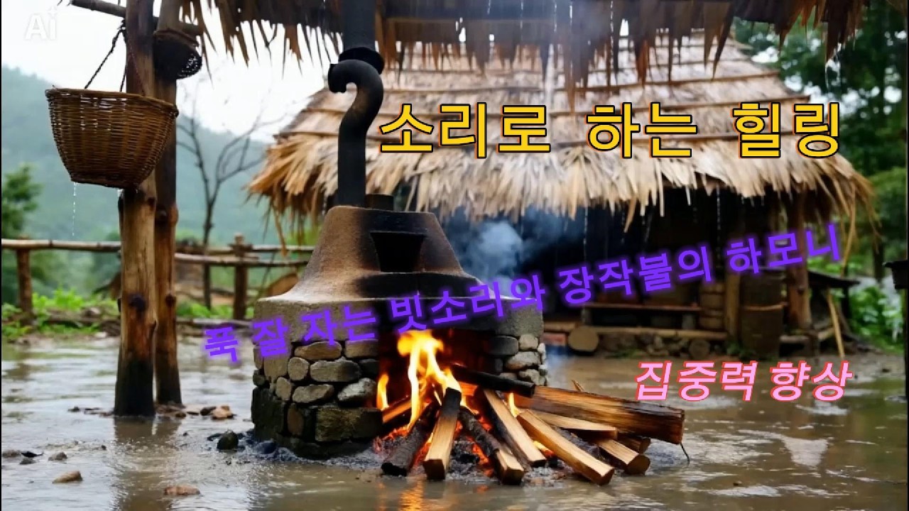 힐링 사운드라 할수있는  비소리와 어울리는 장작불의 하모니 숙면을 위한 소리