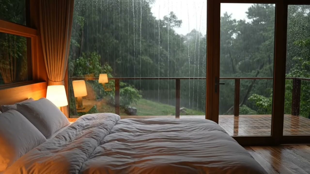 Green Forest Rain for Mental Health 🌿 Healing Sleep Ambience in a Cozy Modern Room