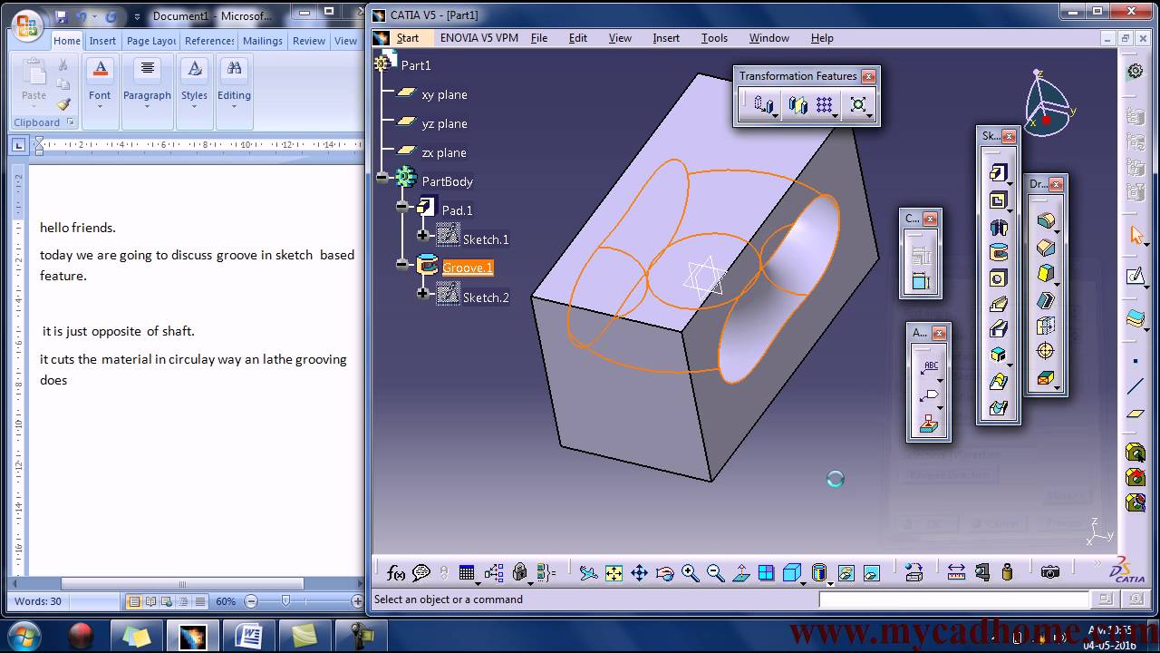 catia groove in sketch based feature