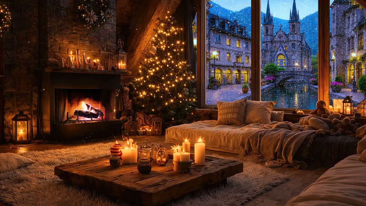 Rainy Night 🌧️ Cozy Cabin in the City | Fireplace Ambience & Soft Music for Relax