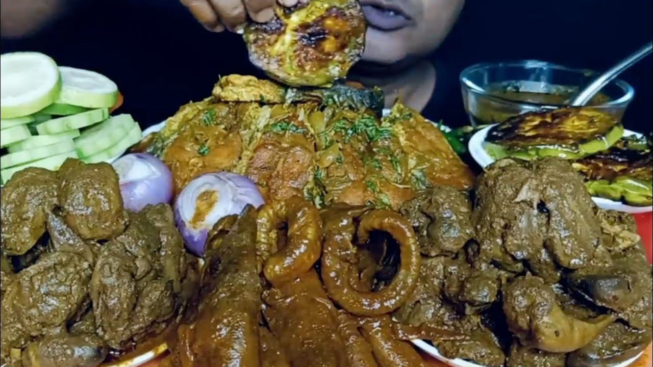 Eating Spicy Chicken Liver/Gizzard Curry | Mutton Lungs Curry |Fish Fry | Brinjal Fry |Basmati Rice