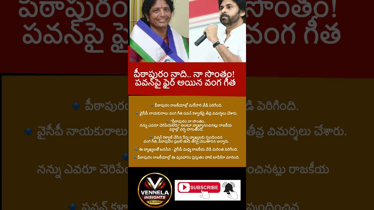 #Pithapuram #VangaGeetha #PawanKalyan #Janasena #YSRCP #AndhraPolitics #APPPolitics #PoliticalNew