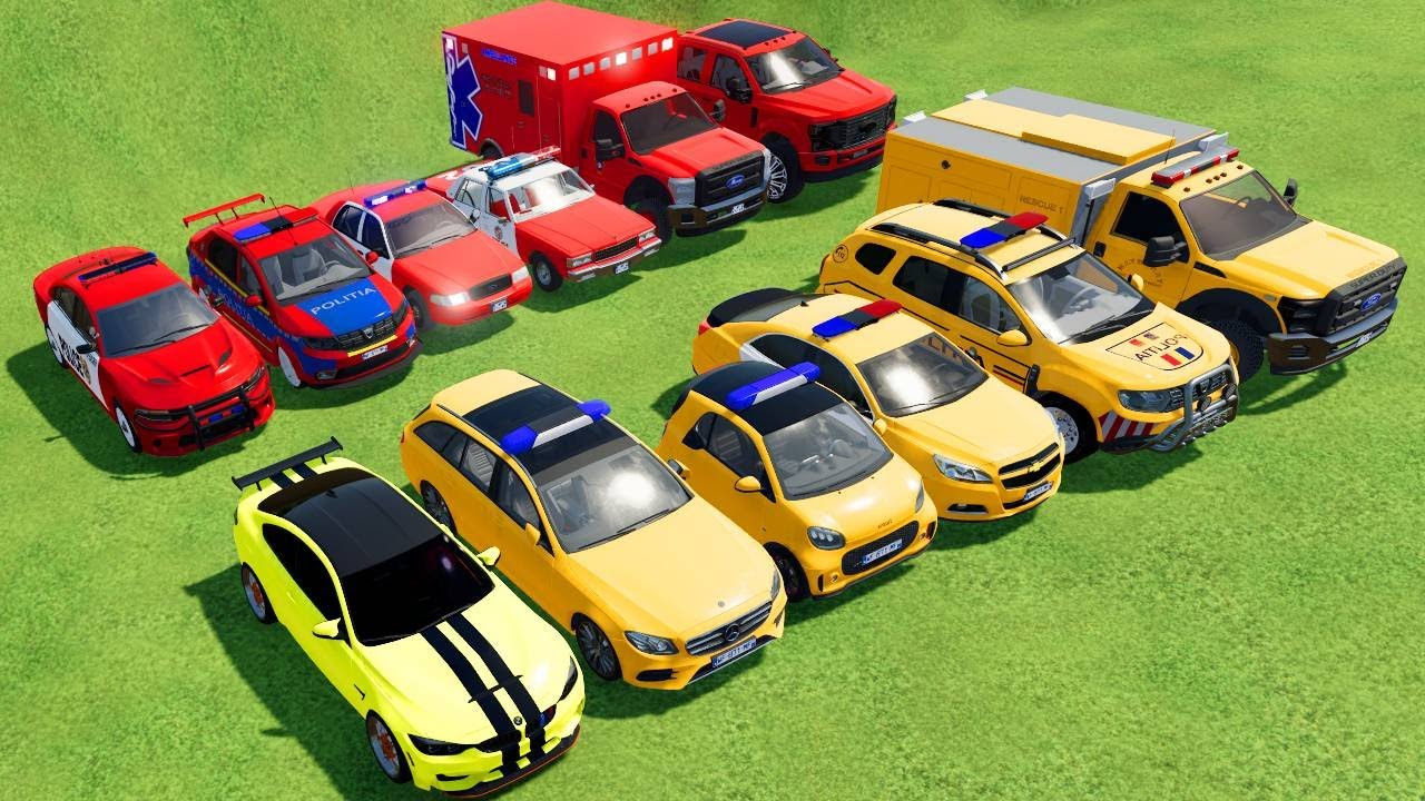 TRANSPORTING CARS, AMBULANCE, POLICE CARS, FIRE TRUCK OF COLORS! WITH TRUCKS! - FS 22
