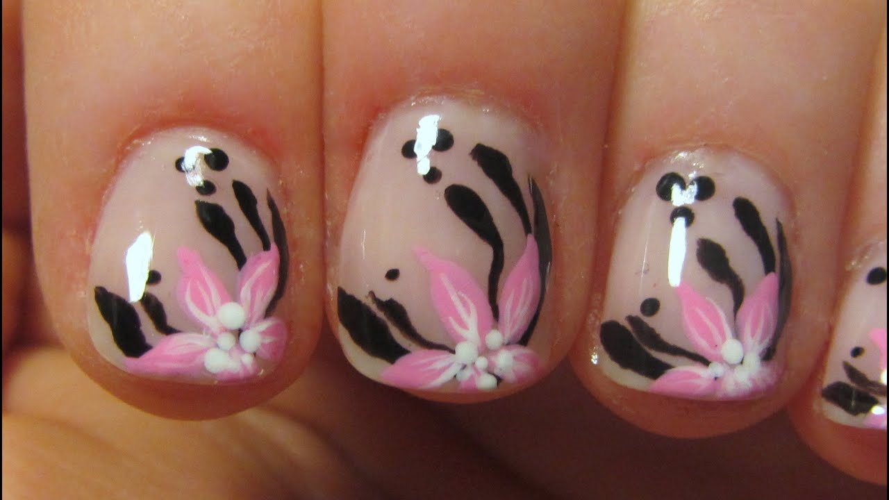 Pink Flowers and Black Leaves on Neutral Pink Background Nail Art Tutorial