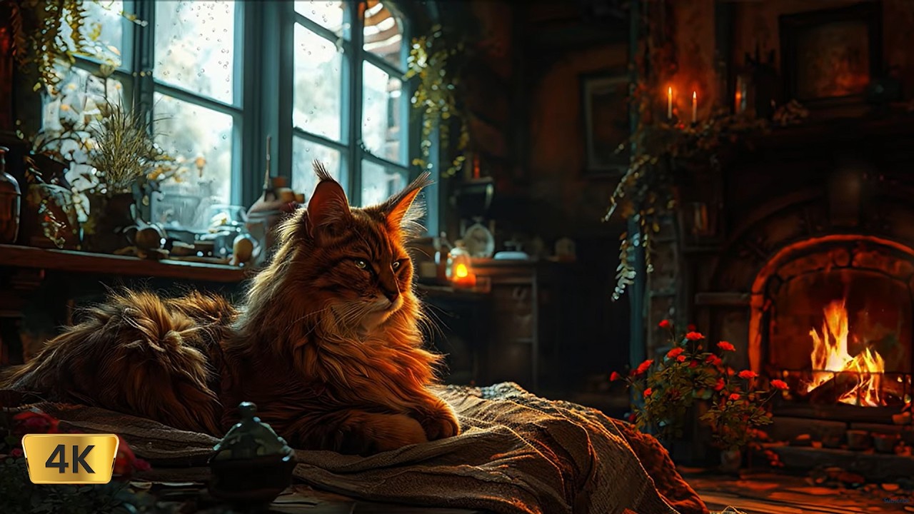 Cozy Fireplace and Rain 4K . Fireplace with Crackling Fire Sounds. Fireplace and Raining Ambience