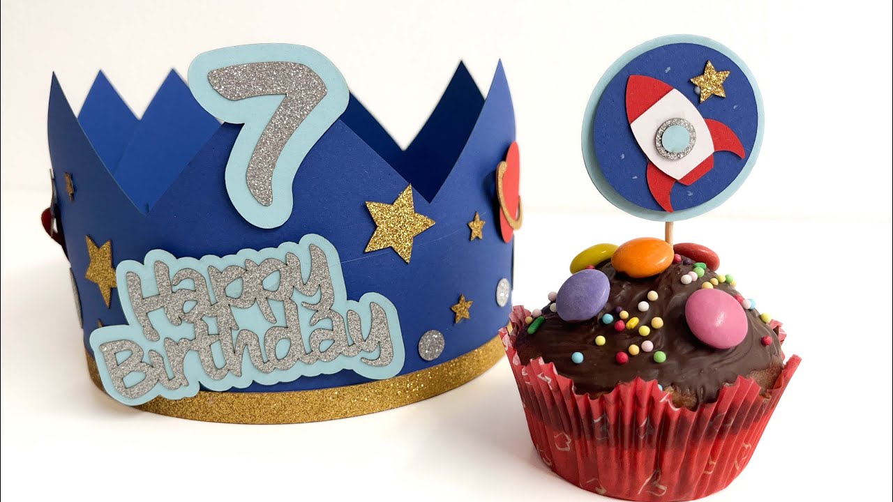 Bastelanleitung für Geburtstagskrone und Cupcake Topper Motiv Weltraum 