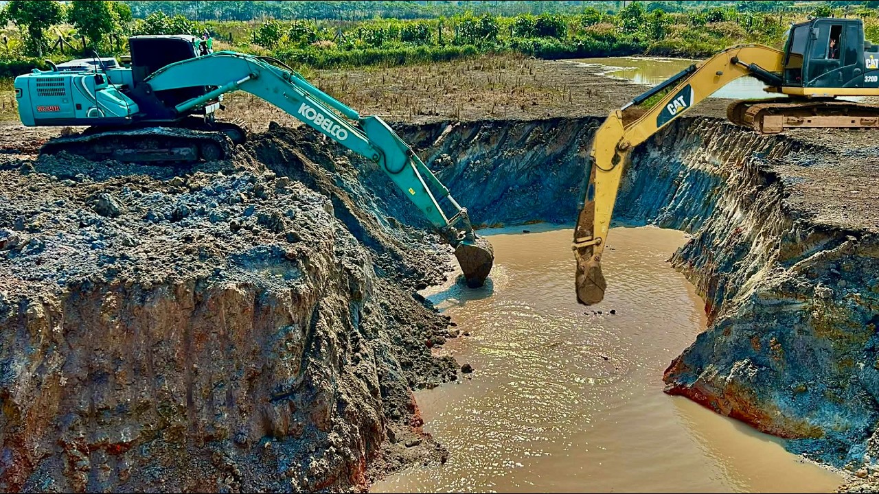 The owner of this reservoir told the excavator to dig deeper because it is  used to raise fish