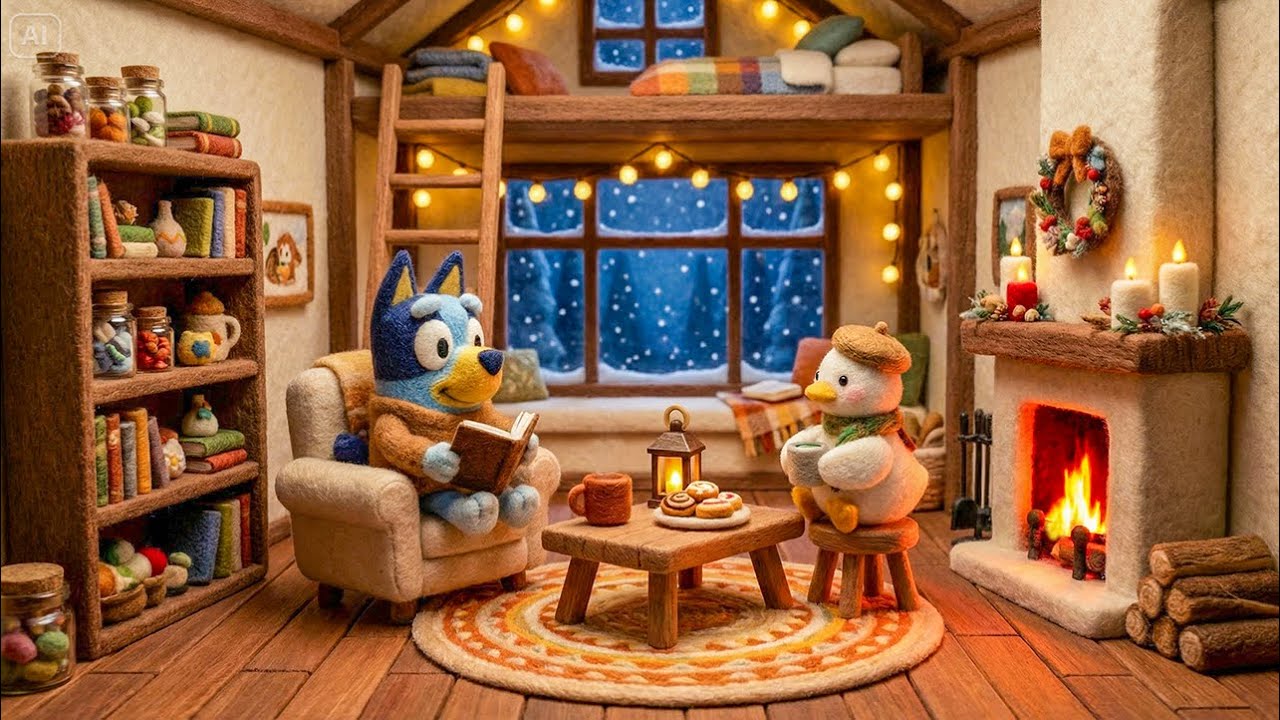 Bluey Cozy Winter Cabin ☕❄️ Jazzy Lofi Beats Winter Calm Gentle Rhythms Study Relax
