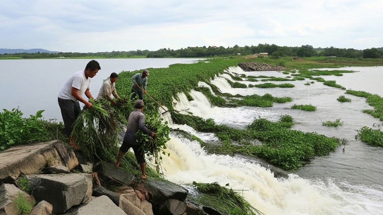 Work Hard To Remove Floating Plants Clogged Dam Drain