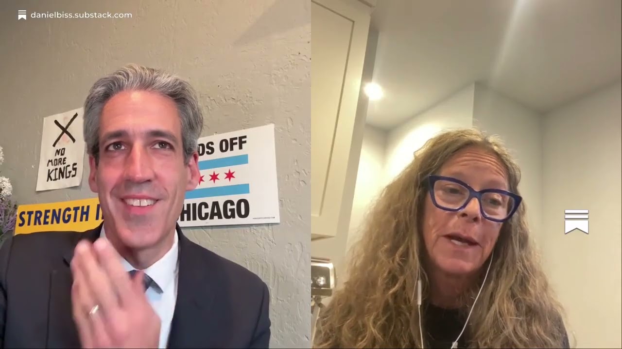 Daniel Biss talks with detained ICE protestor Jennifer Moriarty