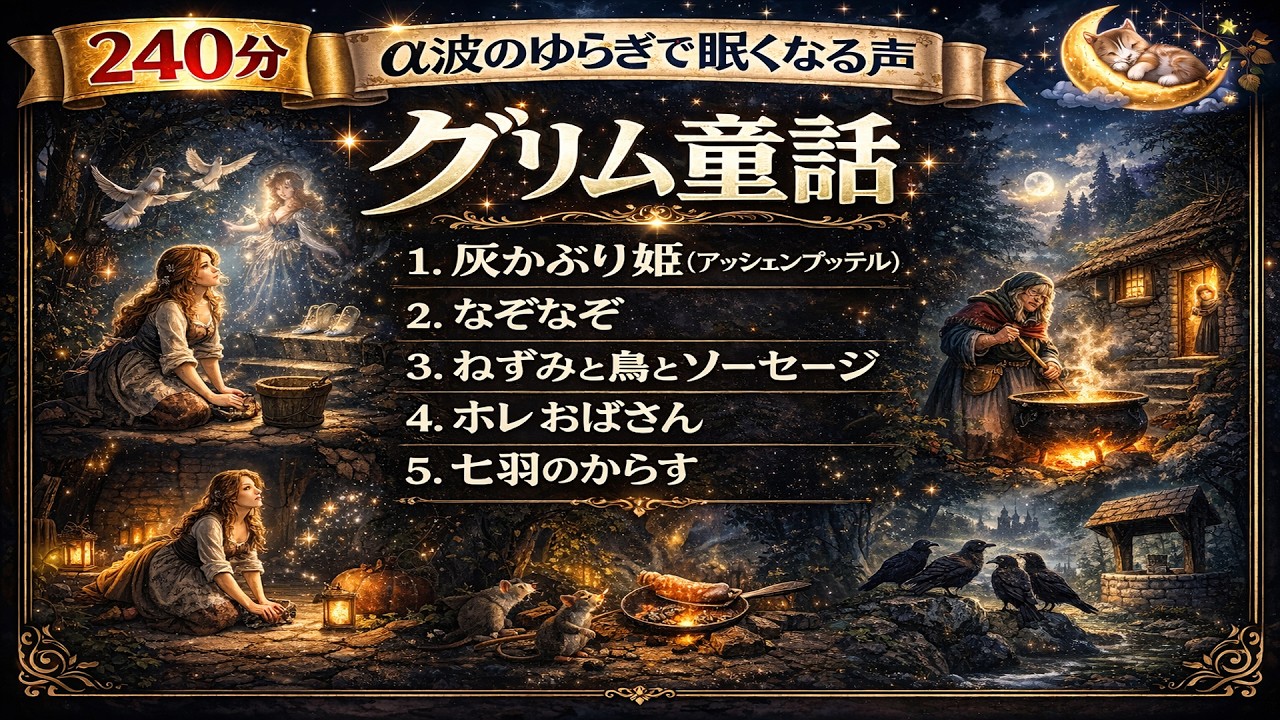 【睡眠用朗読】グリム童話名作5選｜灰かぶり姫（アッシェンプッテル）・ホレおばさんほか｜3時間（180分）・広告なし・癒やしの安眠導入